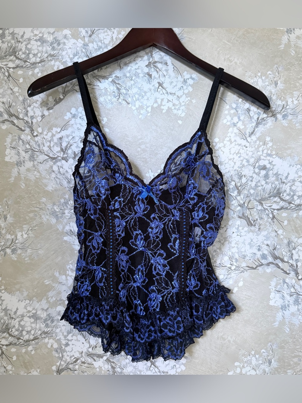 Vintage Bliss New York Blue Black Sheer Lace Cami Top 90s Ruffle XS S Whimsigoth